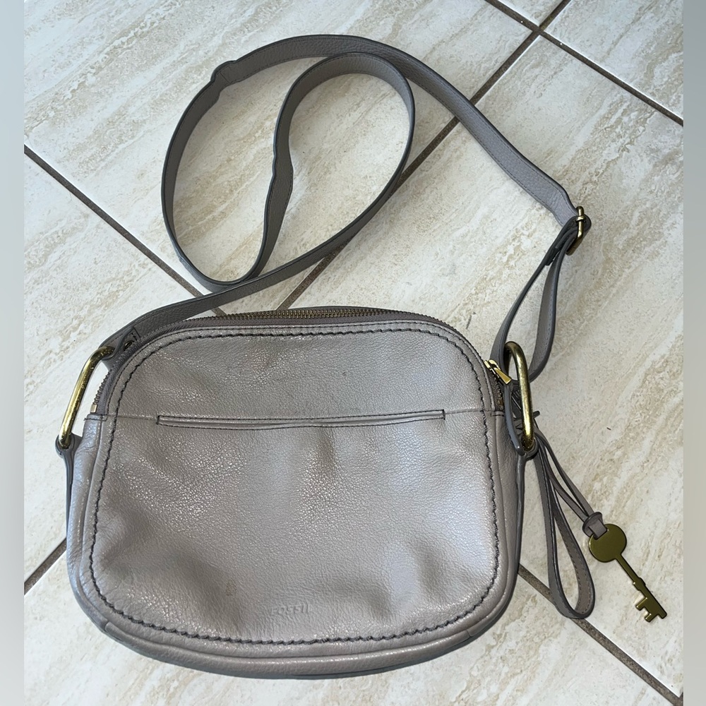 Fossil Greige Leather Double Zip Camera Bag